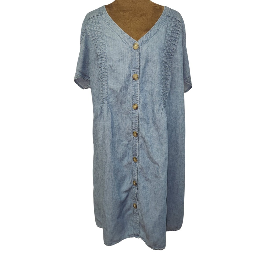 J. JILL | Denim Chambray Shirt Dress Women XL Blue Pintuck Button Front Short